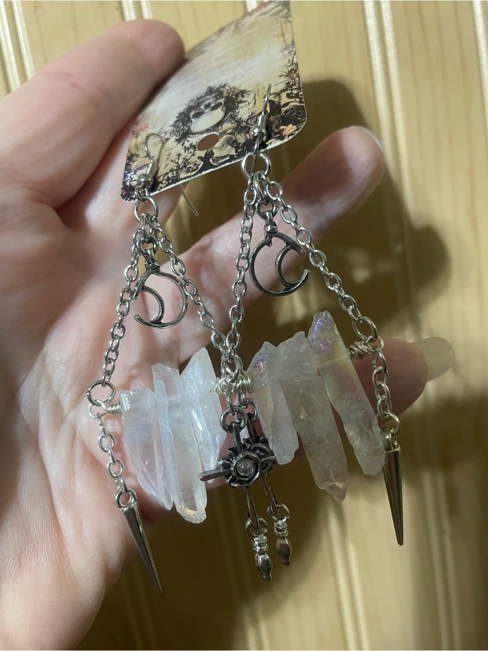 Rough Crystal Quartz Dangle Earrings with Crescent Moon Accent - Silver Tone - Picture 3 of 6